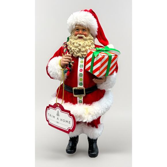 Santa Figurine Holding Green Sack Of Garland And Striped Gift Box {37} - Picture 1 of 16